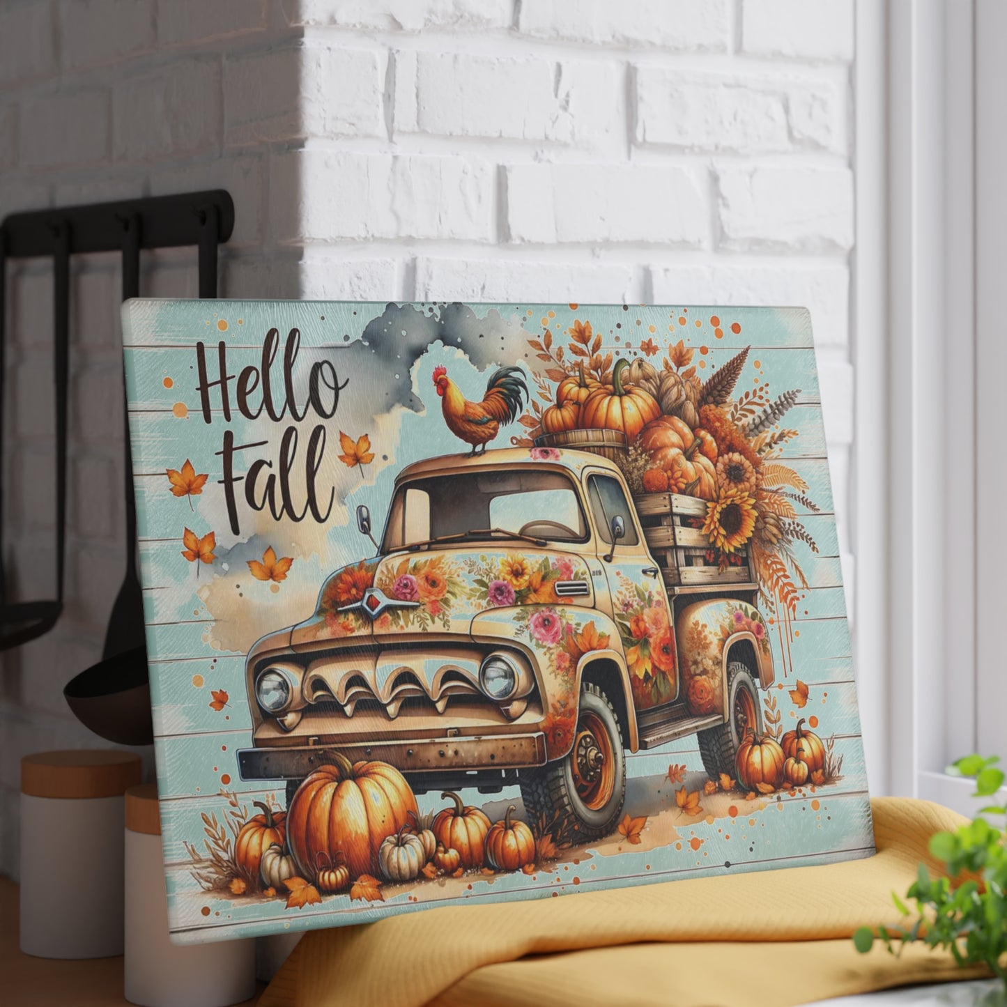 🍂🚜 Hello Fall Truck Cutting Board – Rustic Farmhouse Charm with Pumpkins & Sunflowers 🌻🐓