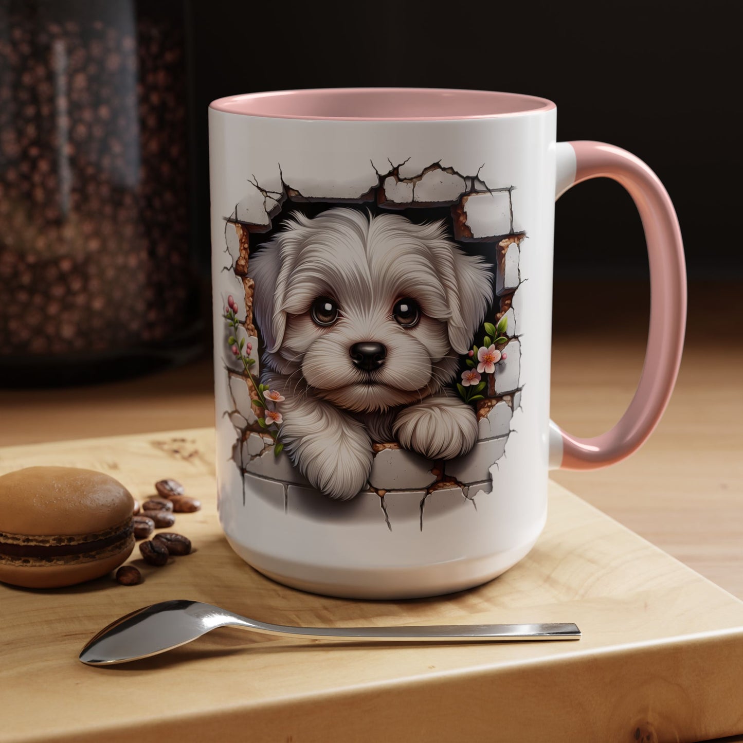 🎀🐶 Maltese Puppy Accent Mug – Cute Peek-Through Dog Design for Animal Lovers ☕💖