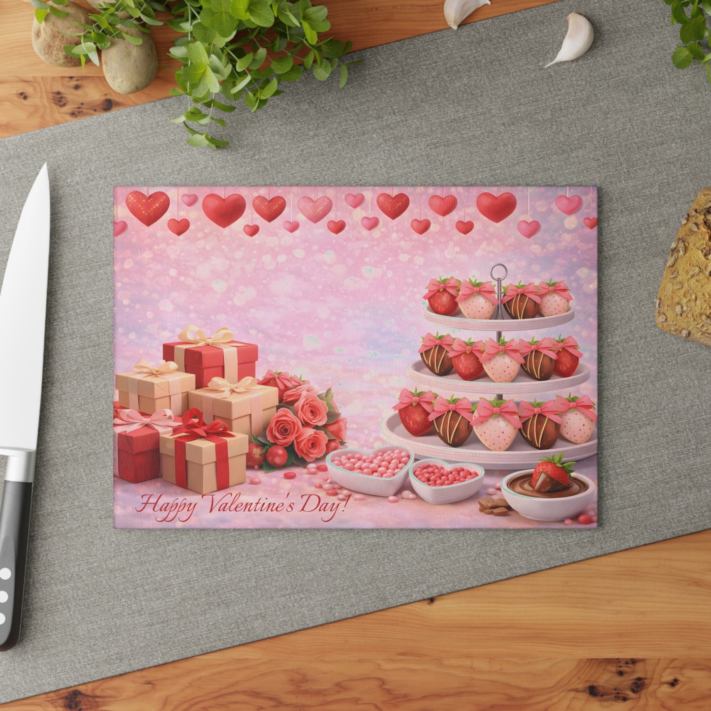 Chocolate-Covered Strawberry Valentine Glass Cutting Board – Personalized Romantic Dessert Display