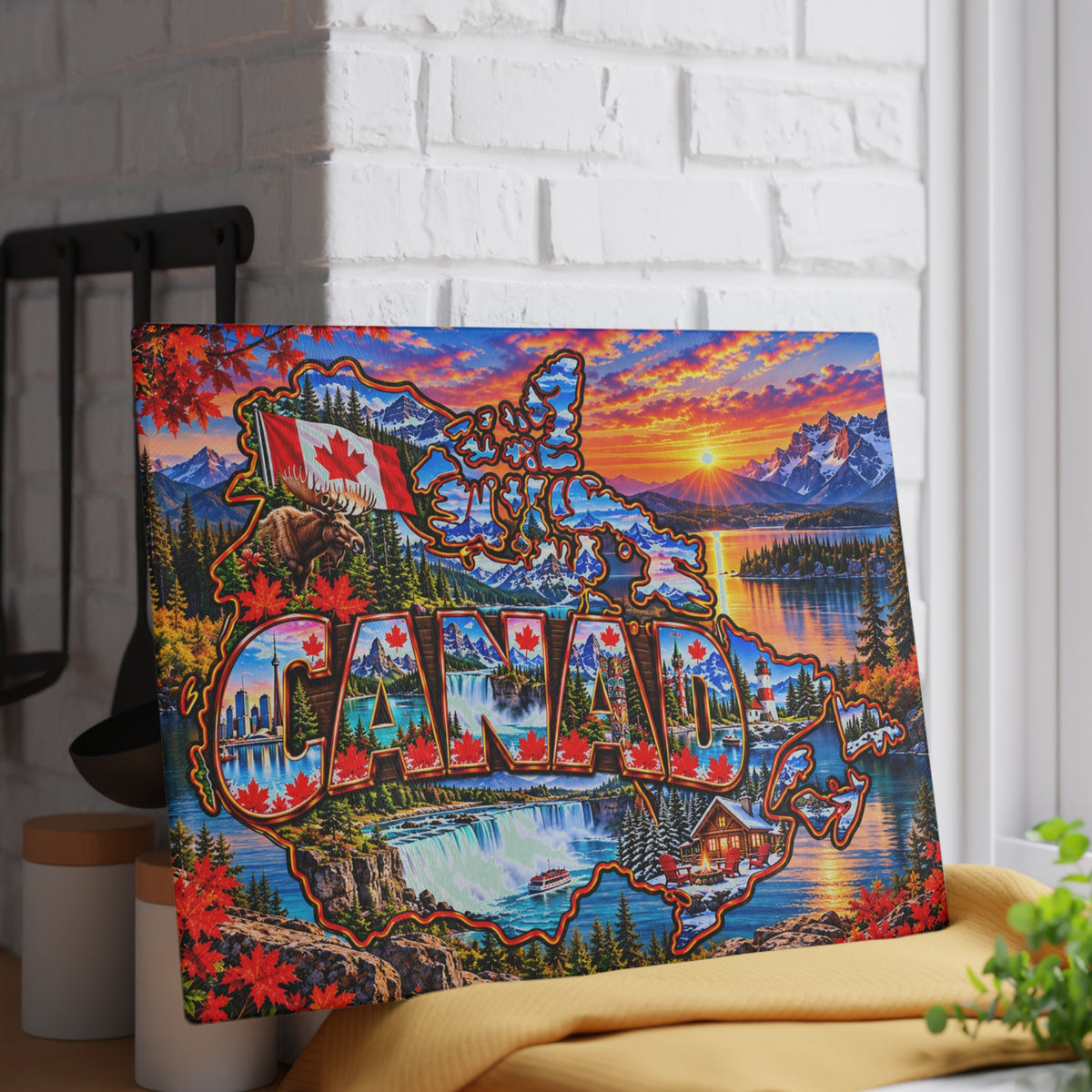 Canada Glass Cutting Board – Canadian Map, Maple Leaves, Moose, Rocky Mountains, Niagara Falls & Scenic Kitchen Décor