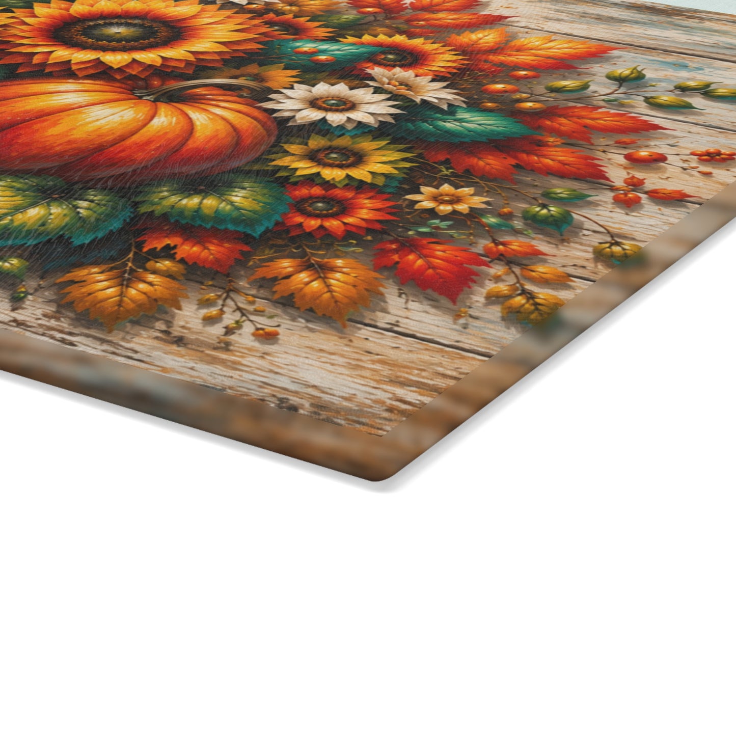 Autumn Sunflower & Pumpkin Glass Cutting Board – Rustic Fall Harvest Kitchen Decor