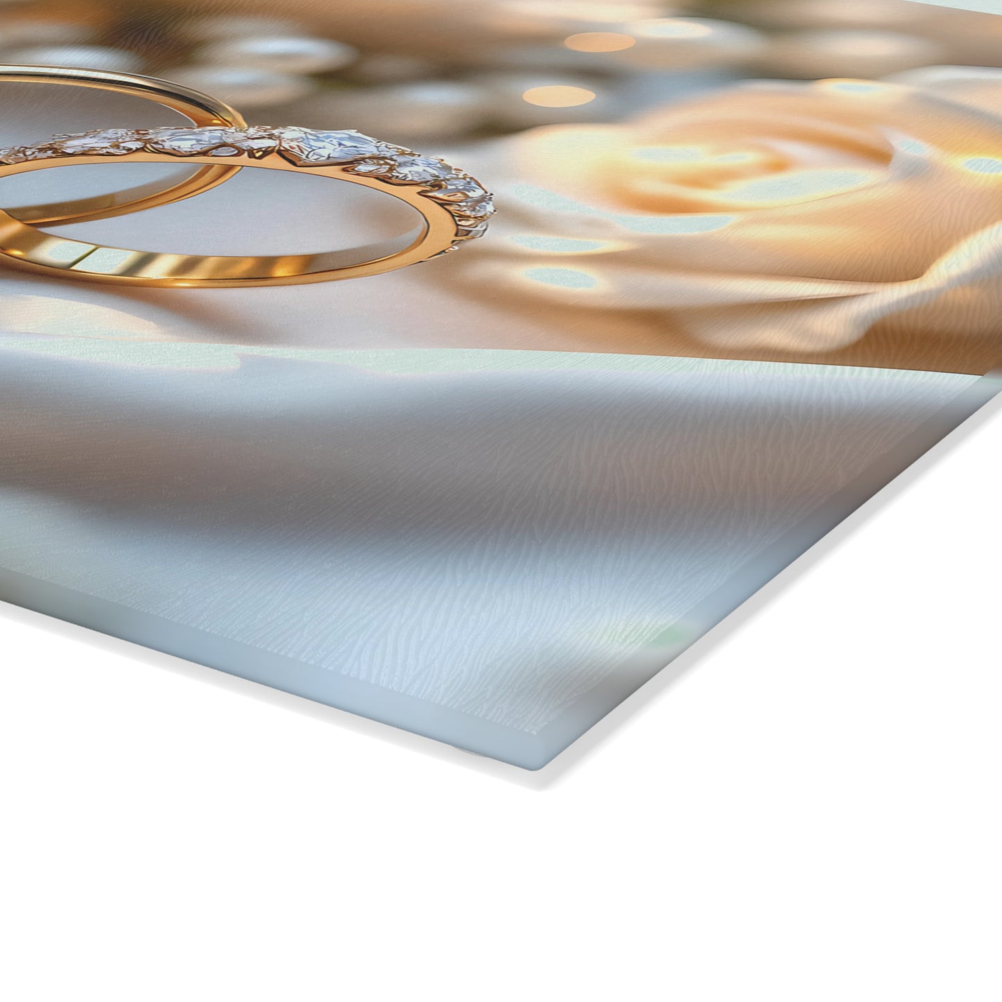 💒 White Rose & Gold Rings Cutting Board – Timeless Elegance for Weddings & Love