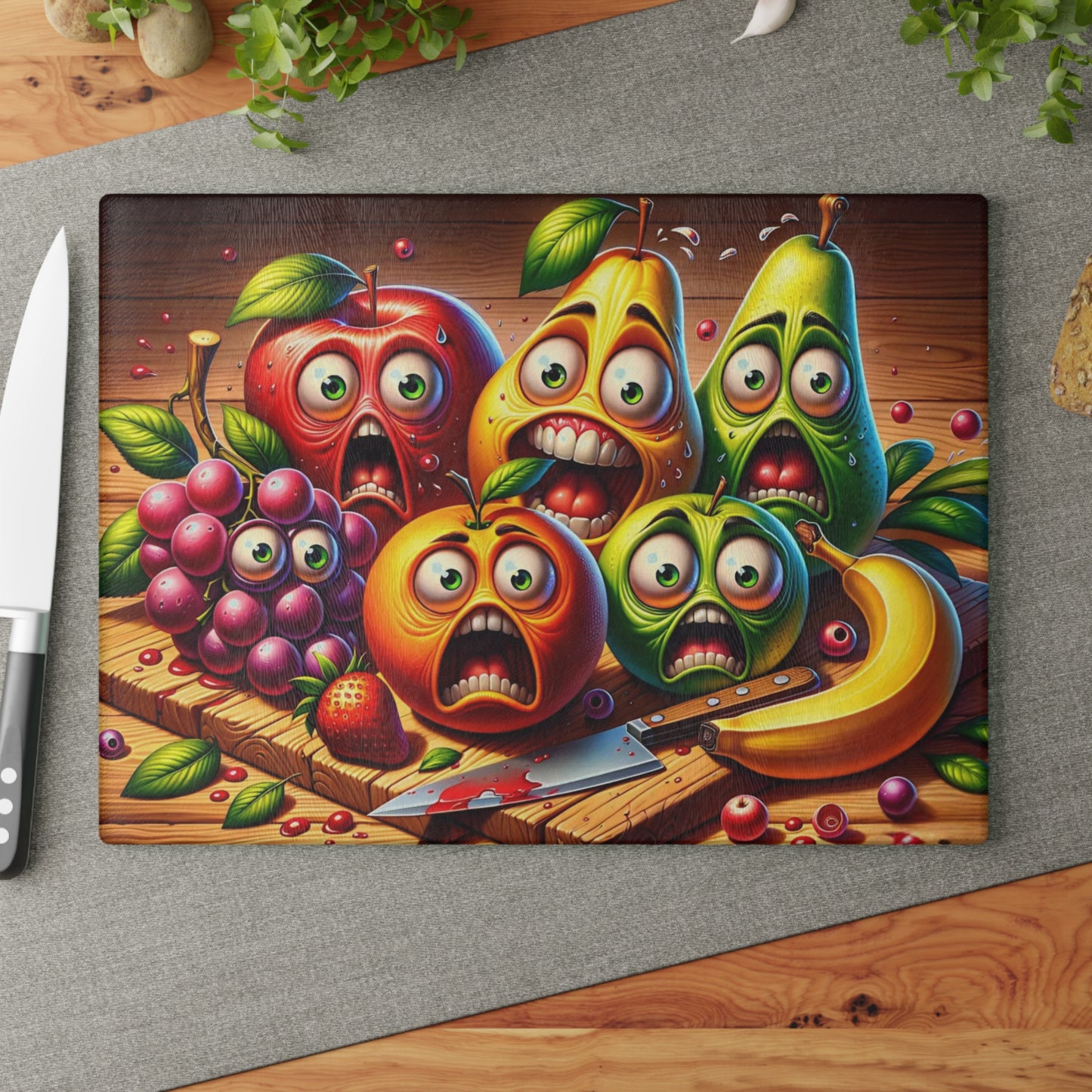 🍎🍐🍌😂 “Fruit Squad Panic” Glass Cutting Board – Silly Kitchen Laughs
