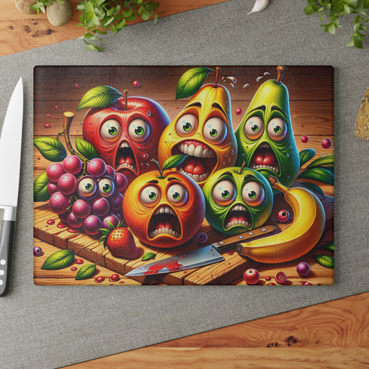 🍎🍐🍌😂 “Fruit Squad Panic” Glass Cutting Board – Silly Kitchen Laughs