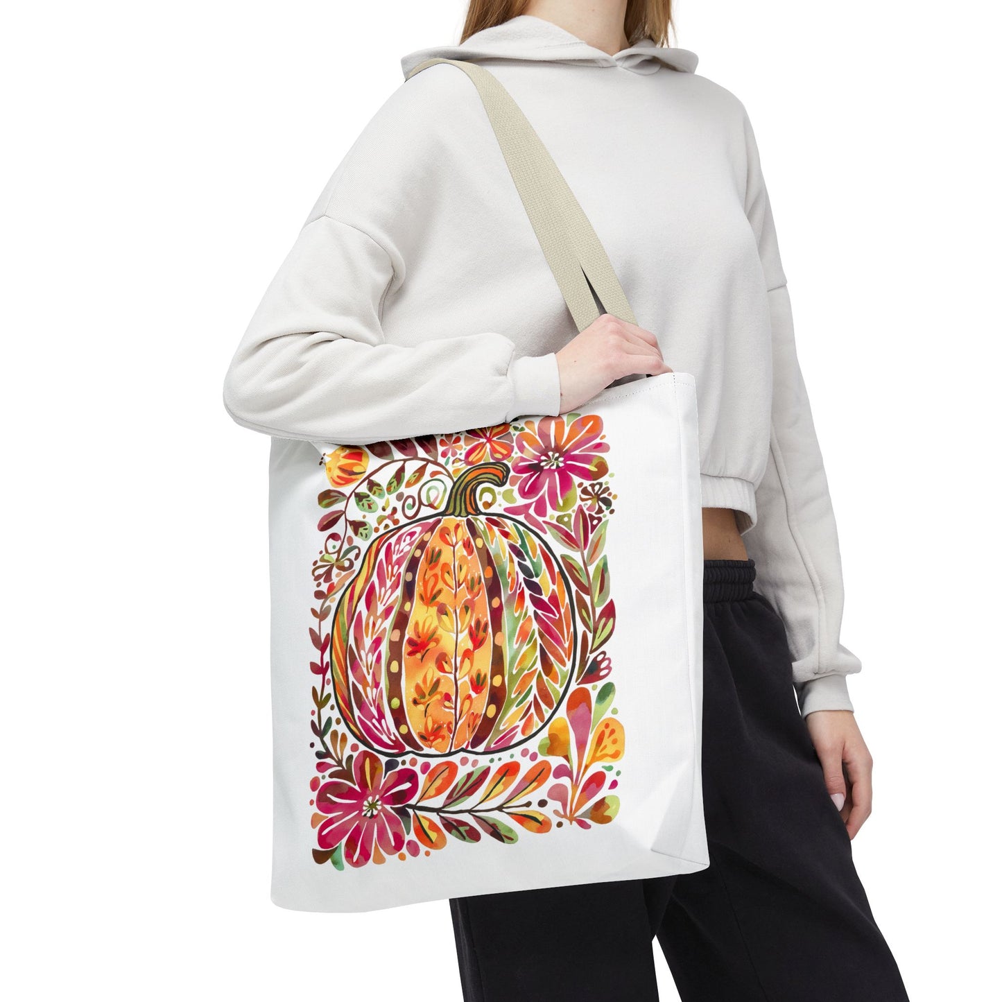 🎨 Watercolor Autumn Pumpkin Floral Tote Bag – Artistic Fall Charm 🍂