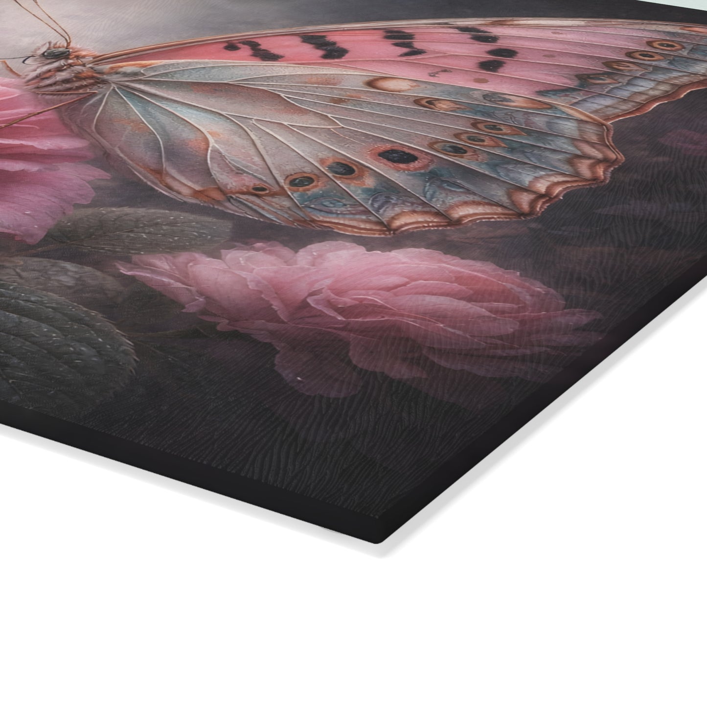 Blush Butterfly & Rose Glass Cutting Board – Elegant Floral Butterfly Kitchen Art
