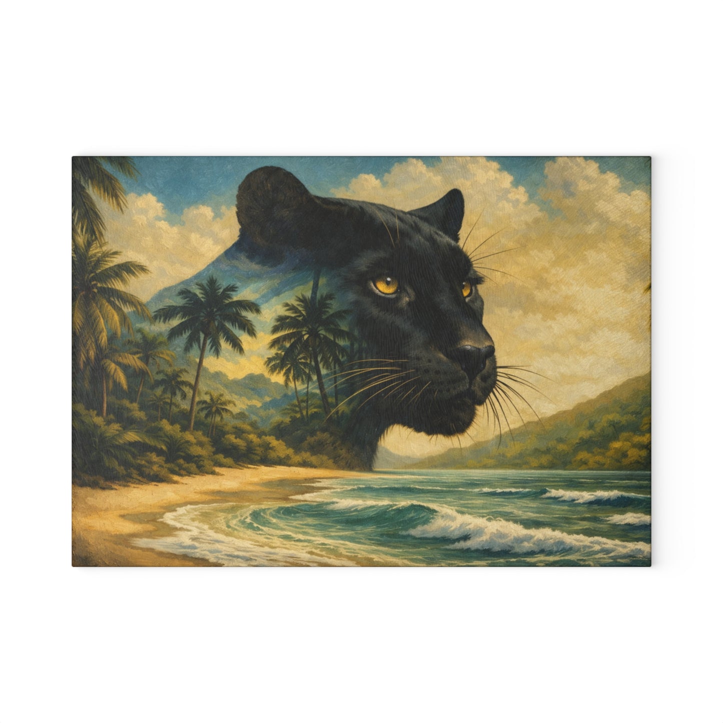 Black Panther Tropical Beach Glass Cutting Board – Exotic Wildlife Coastal Artwork