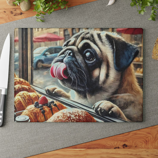 Tabla de cortar de carlino, regalo para amantes de los perros, decoración para hornear, regalo para amantes de la panadería, regalo de cocina único, tabla de cortar de vidrio, decoración de cocina divertida, amante de los carlinos