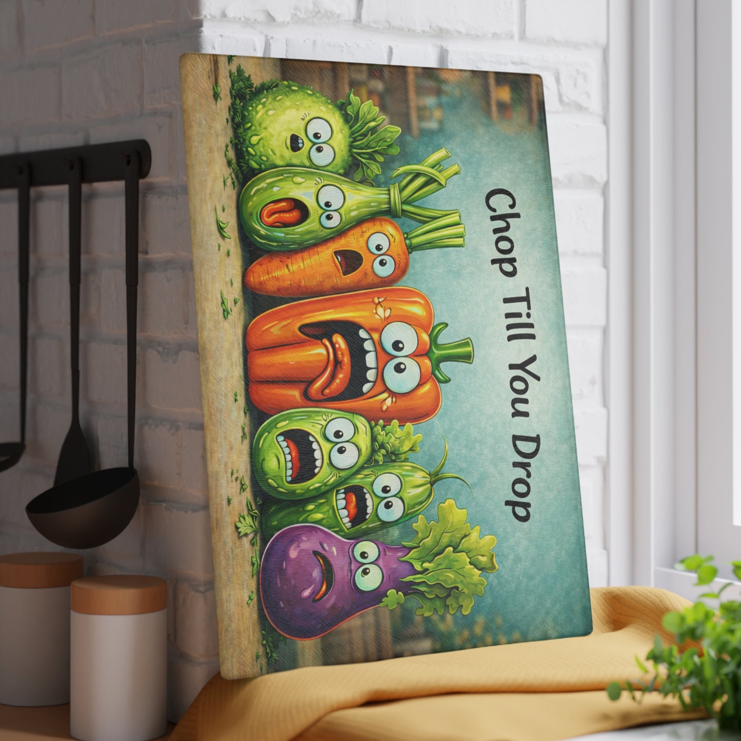 Chop Till You Drop Glass Cutting Board – Funny Vegetable Kitchen Decor with Playful Personality