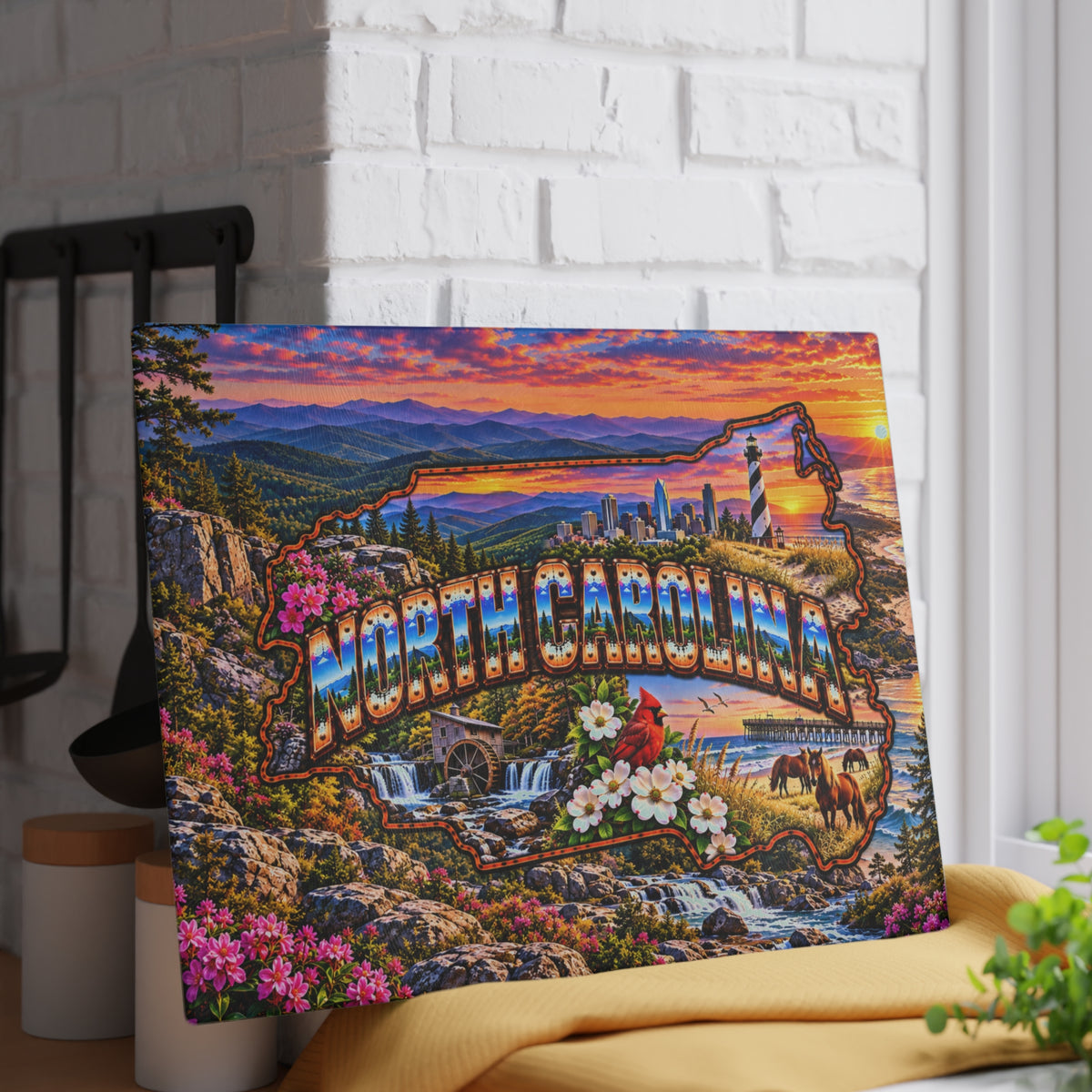 North Carolina Glass Cutting Board – State Map, Blue Ridge Mountains, Cape Hatteras Lighthouse, Cardinal, Wild Horses & Coastal Sunset Kitchen Décor