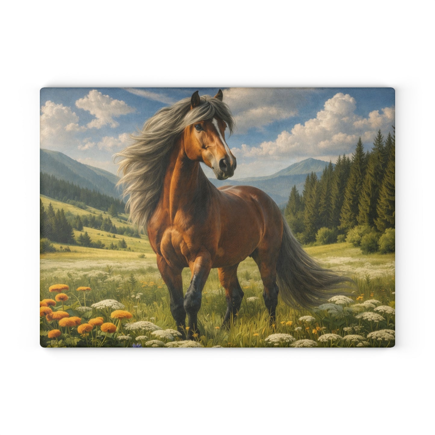 Majestic Horse in Mountain Meadow Glass Cutting Board – Western Farmhouse Horse Lover Kitchen Decor