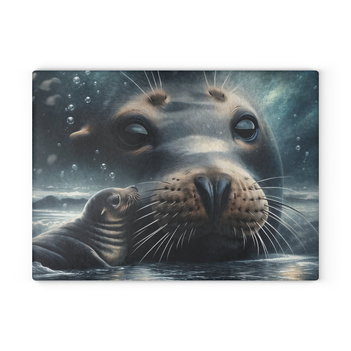Gentle Harbor Glass Cutting Board – Mother Seal & Pup Ocean Artwork