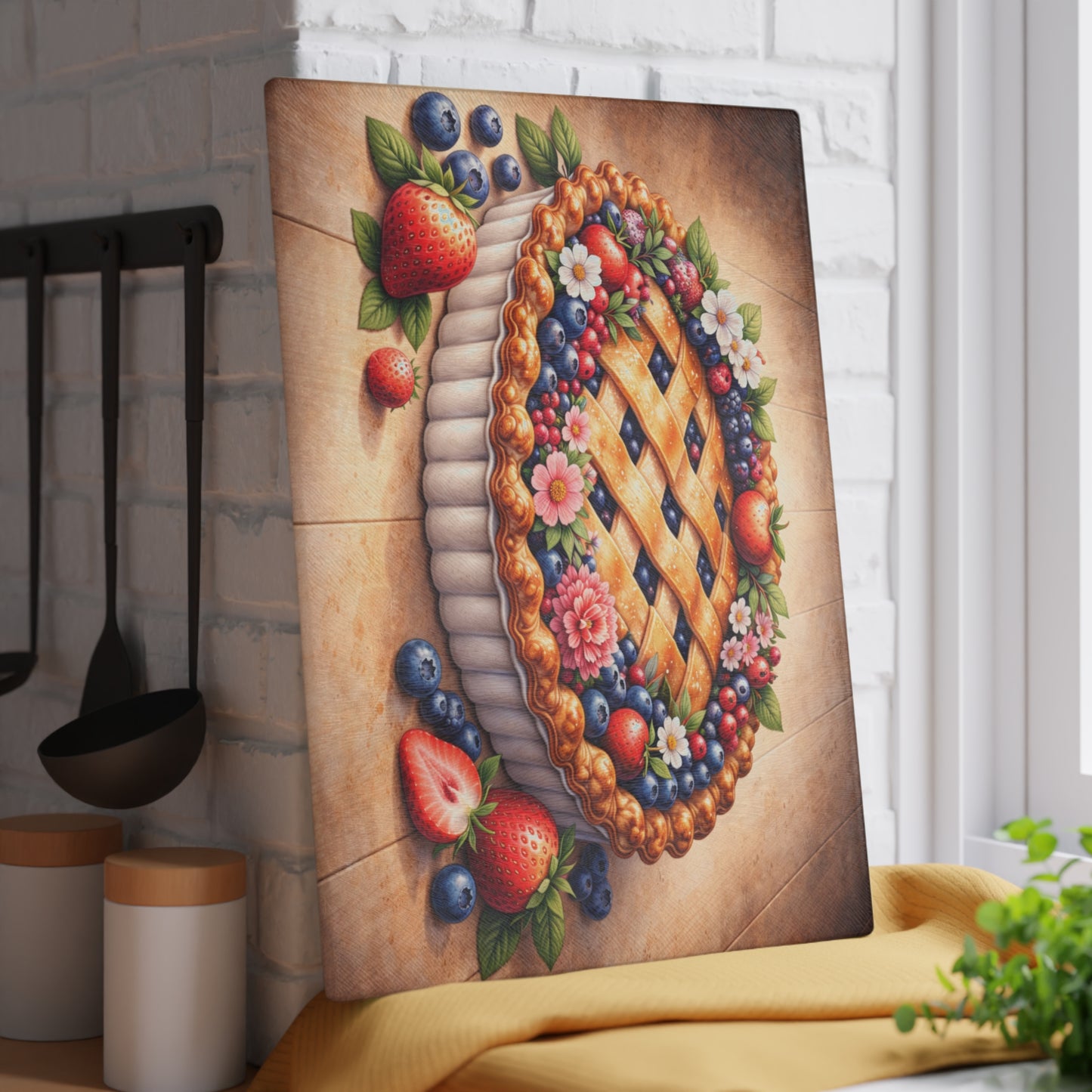 Berry Blossom Pie Glass Cutting Board – Vintage Farmhouse Dessert Kitchen Art