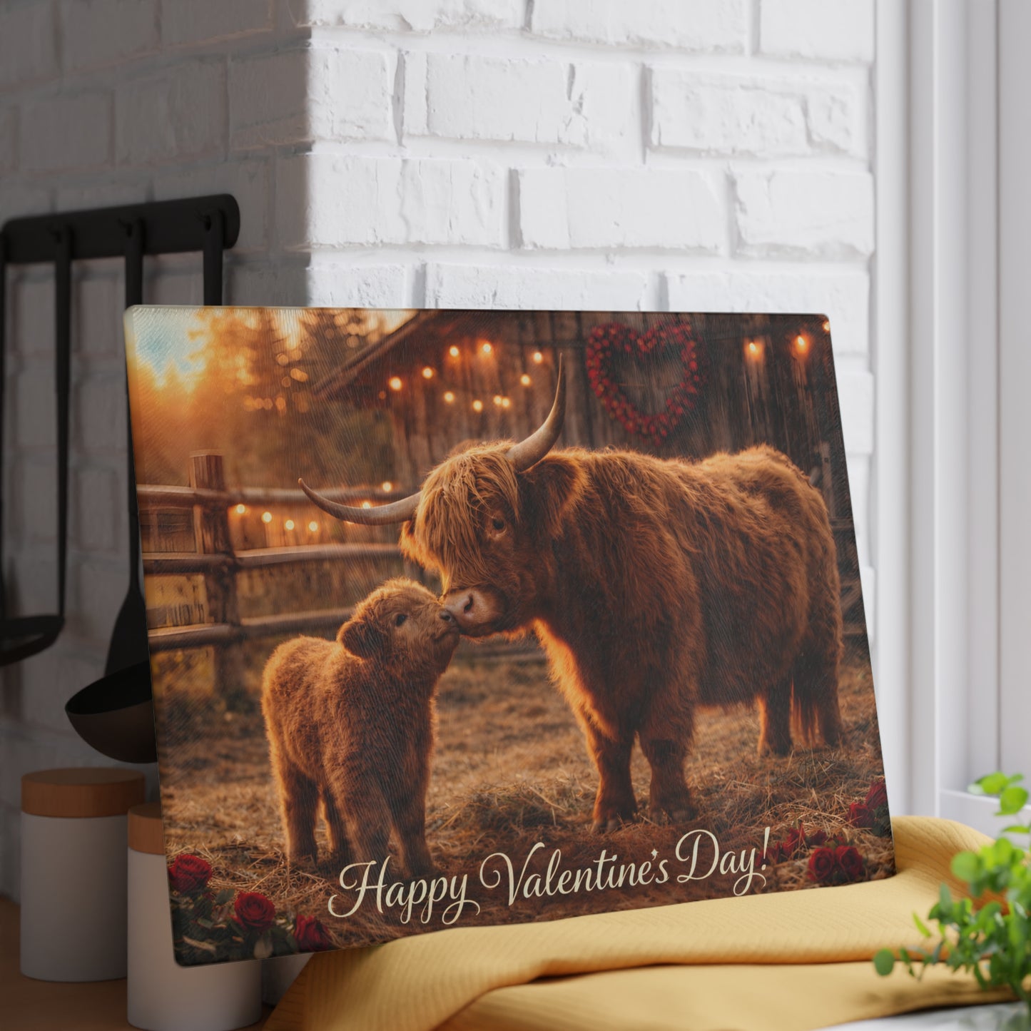 Valentine Highland Cow Mother & Calf Glass Cutting Board – Cozy Farmhouse Love Kitchen Decor