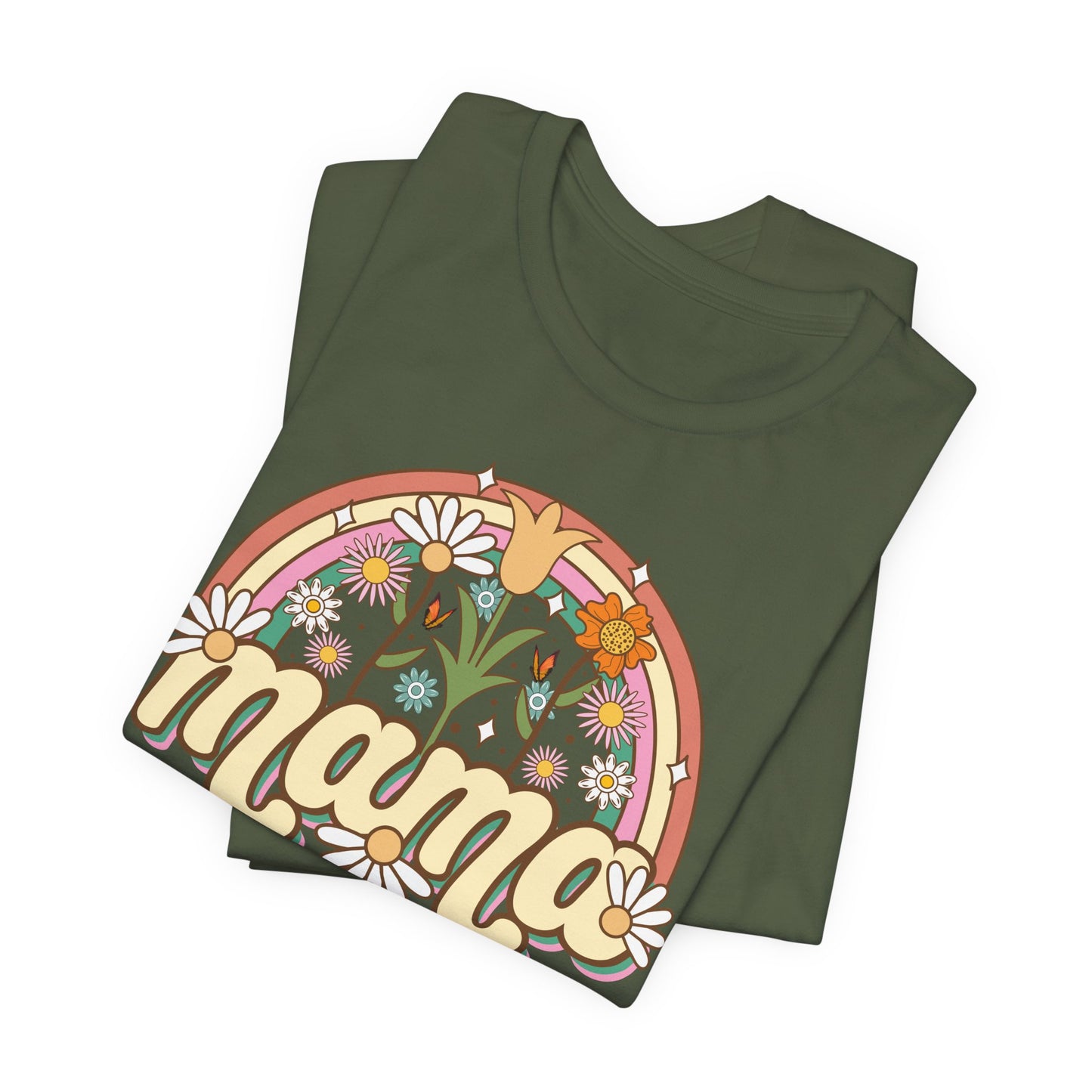 🌼🌈 Retro Floral Mama T-Shirt – Boho Rainbow Graphic Tee for Moms 🌻✨