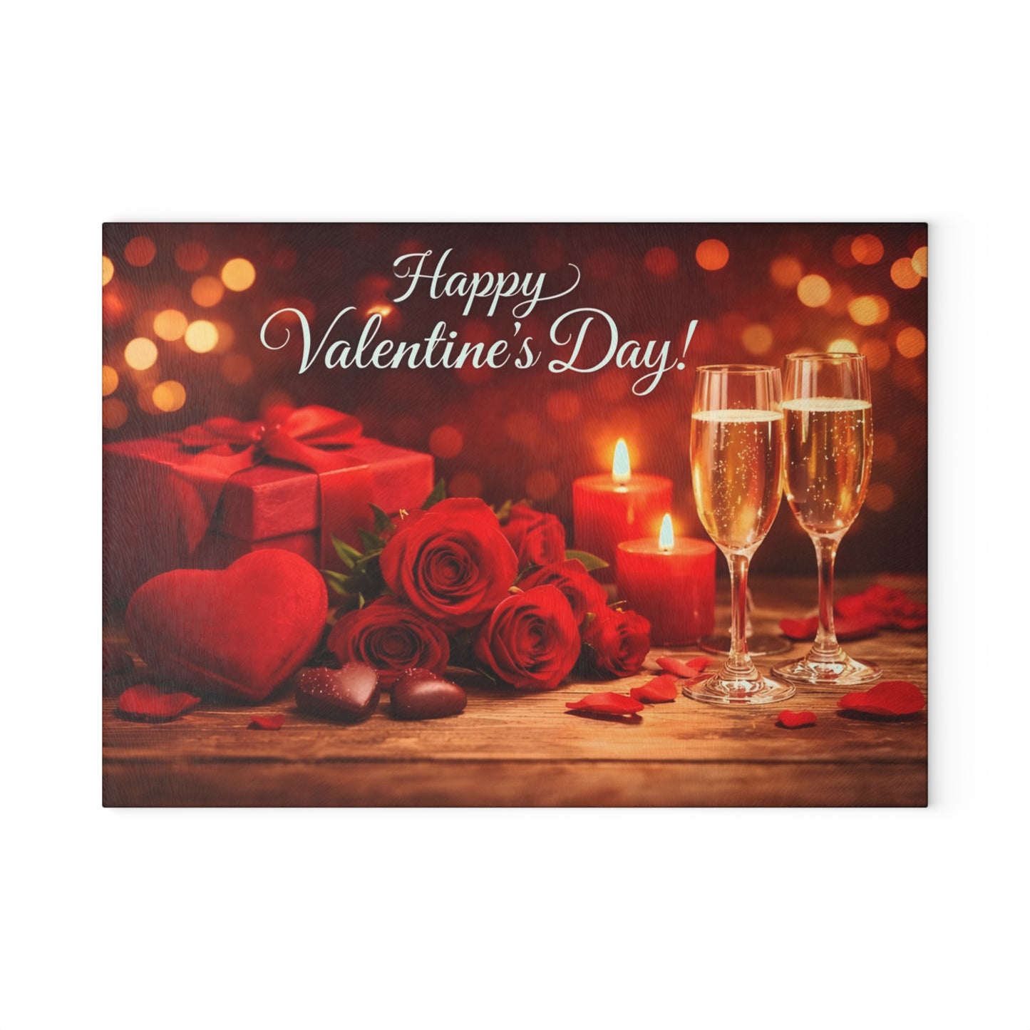 Happy Valentine’s Day Champagne & Roses Glass Cutting Board – Romantic Evening Kitchen Accent