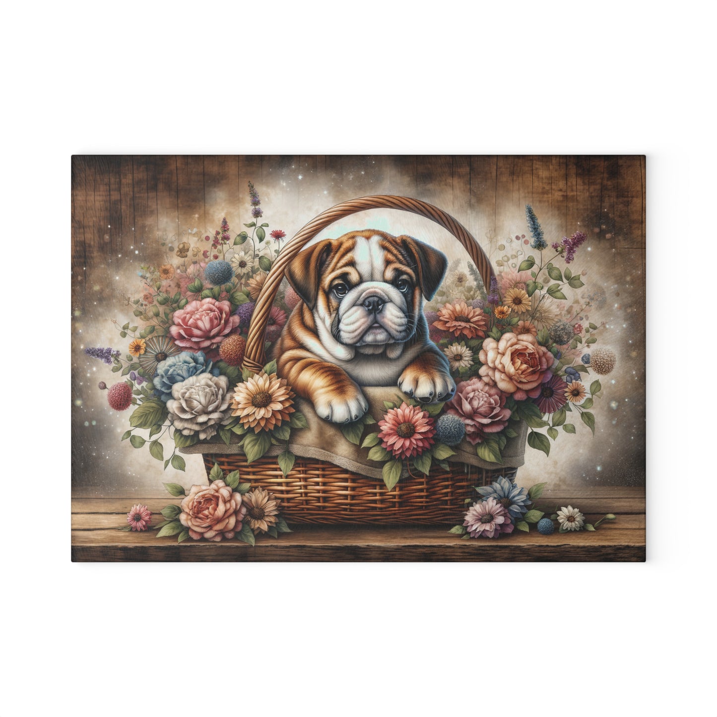 🐶🌸 Bulldog in Basket Cutting Board – Rustic Charm for Your Kitchen 🌼