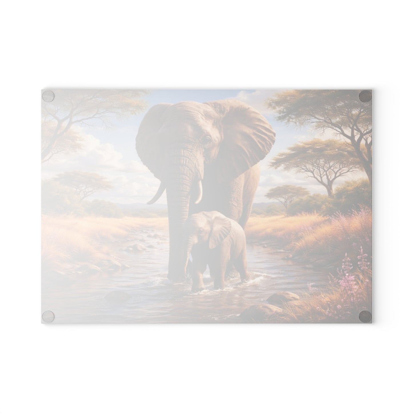 Mother & Baby Elephant Glass Cutting Board – African Safari Wildlife Kitchen Art