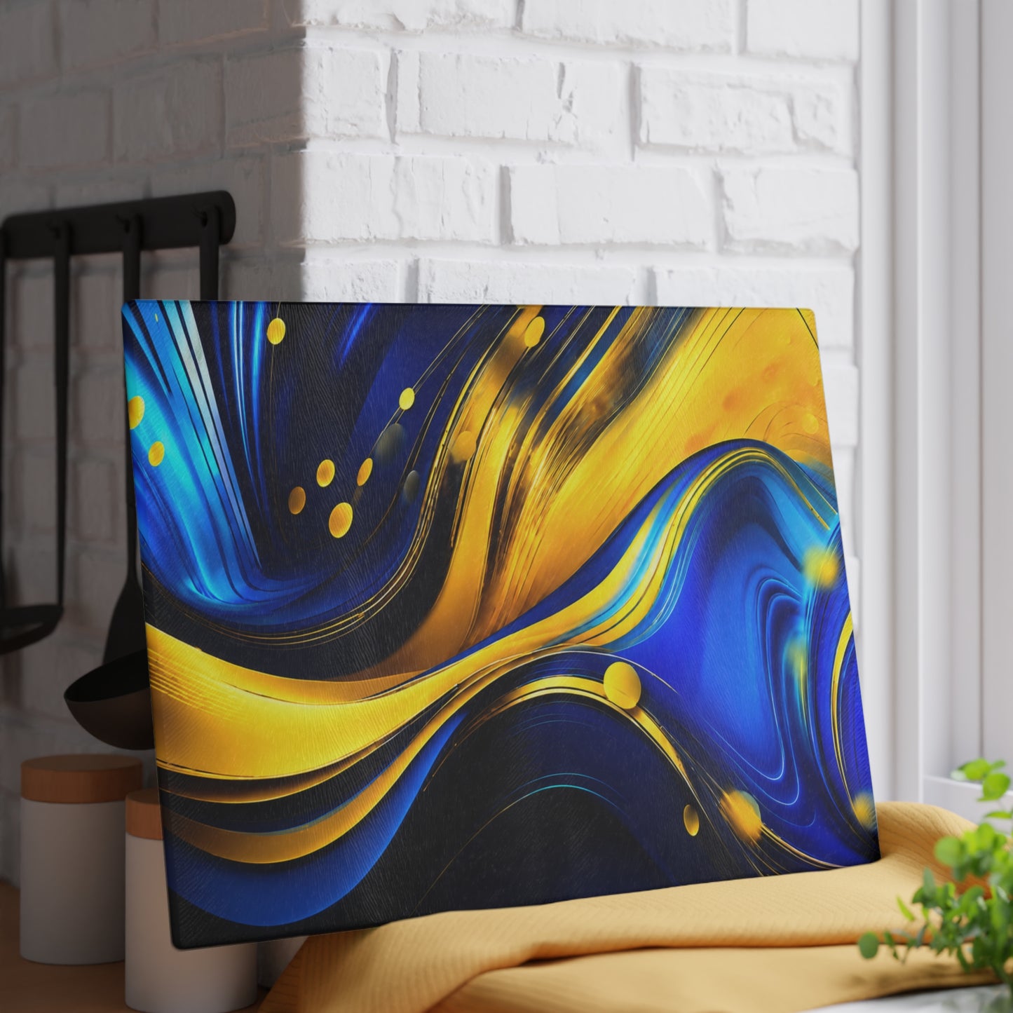 Blue & Gold Abstract Glass Cutting Board – Modern Fluid Art Kitchen Decor