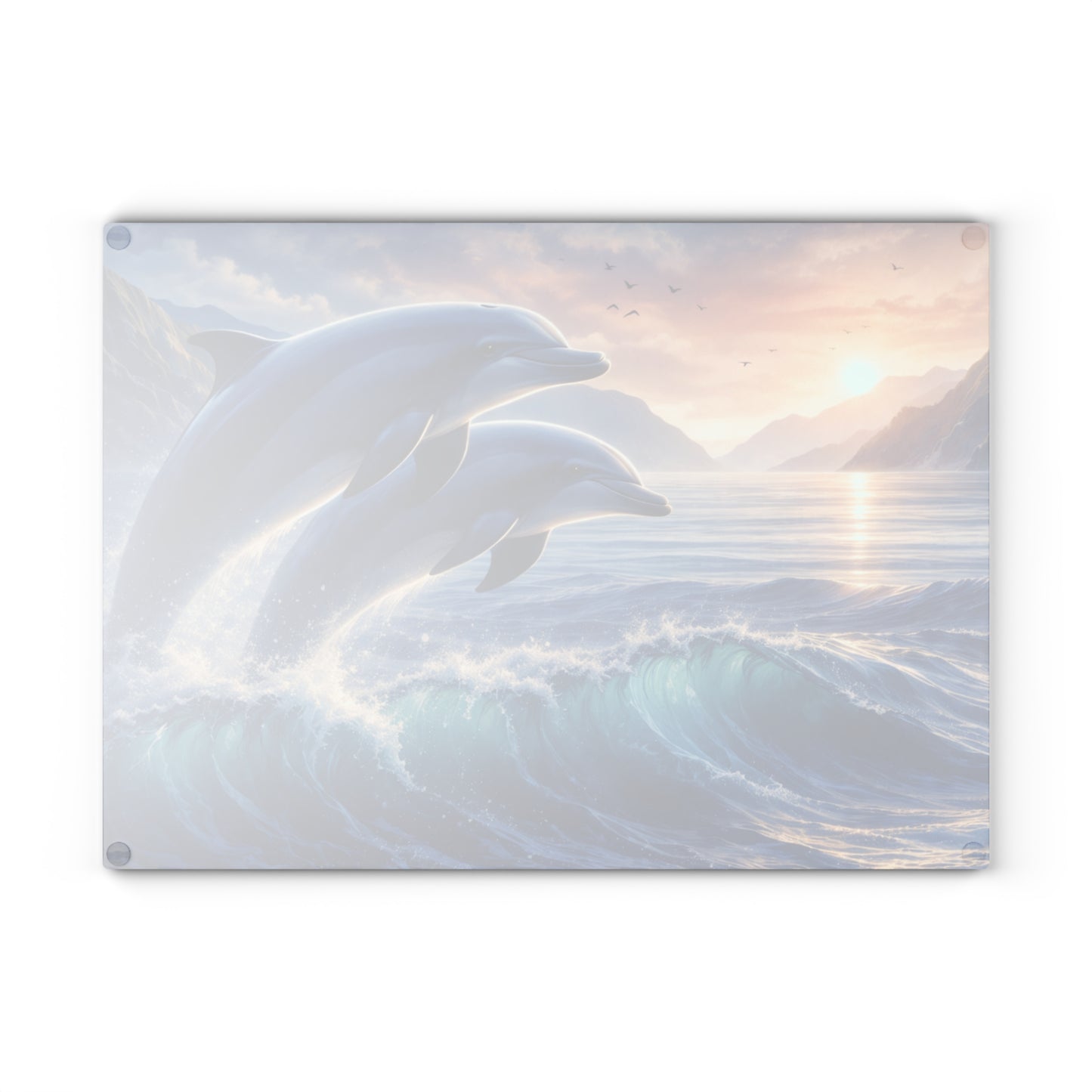Dolphin Sunset Glass Cutting Board – Ocean-Inspired Artwork with Joyful Dolphins