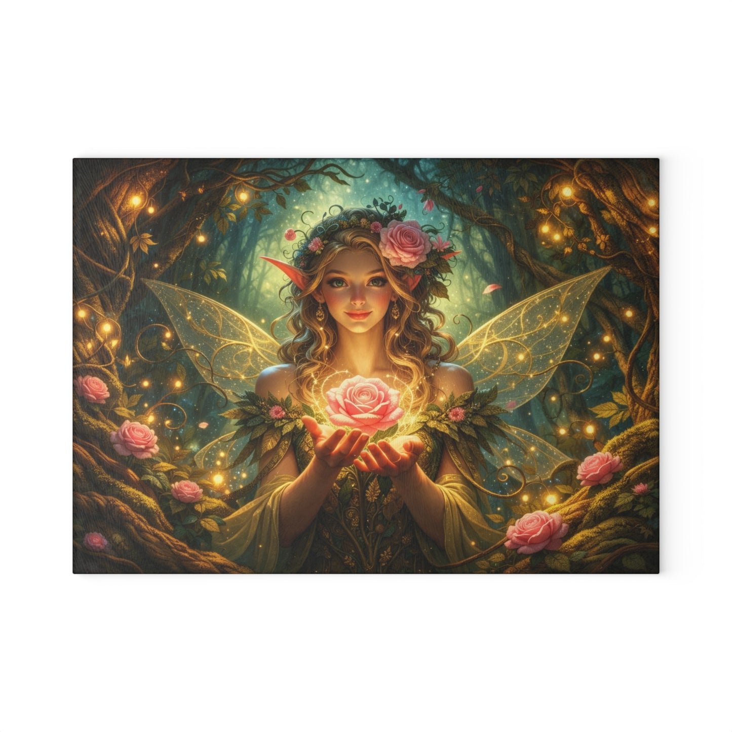 Enchanted Forest Fairy Glass Cutting Board – Magical Rose Fantasy Art Kitchen Decor