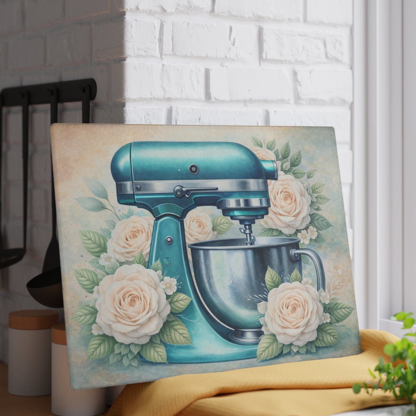 Teal Kitchen Mixer Glass Cutting Board – Elegant Farmhouse Kitchen Decor