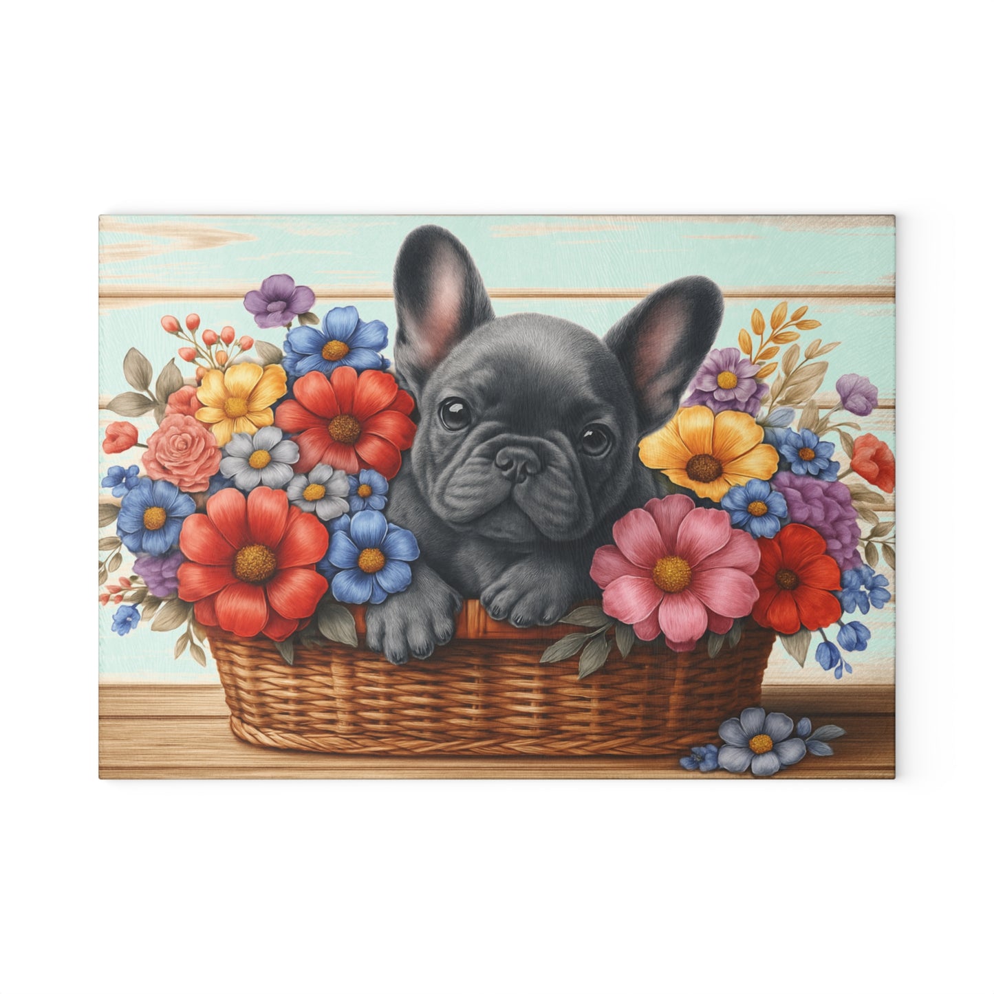 🐾 Gray French Bulldog in Bloom Basket Cutting Board – Frenchie Charm Meets Floral Elegance 🌸