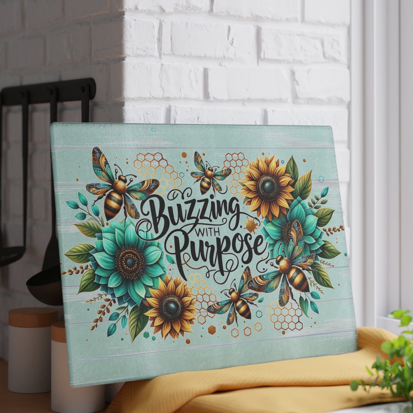🐝🌻 Buzzing with Purpose Cutting Board – Vibrant Bee & Sunflower Charm for Your Kitchen 🌿🍯