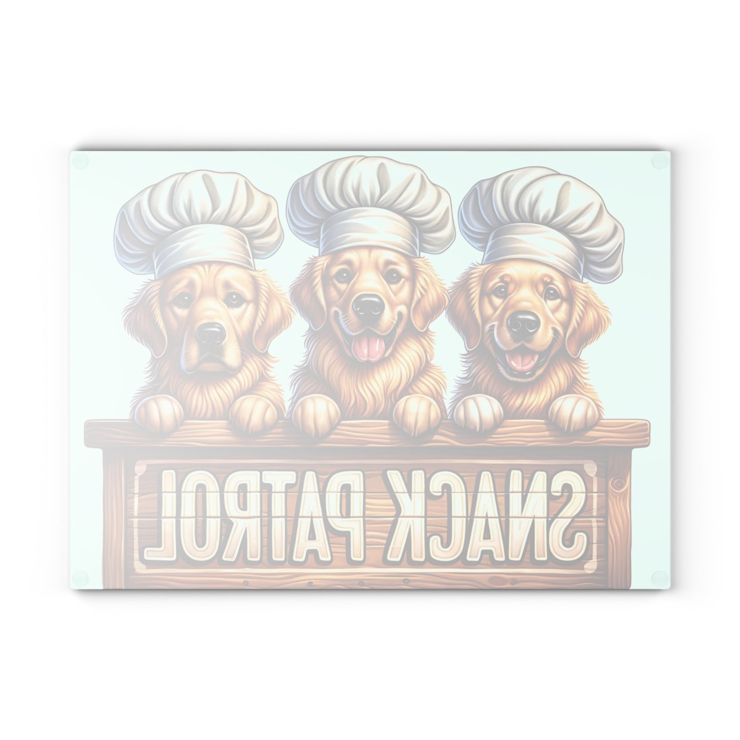 🐶🍪 “Snack Patrol” Glass Cutting Board – Golden Retrievers on Duty