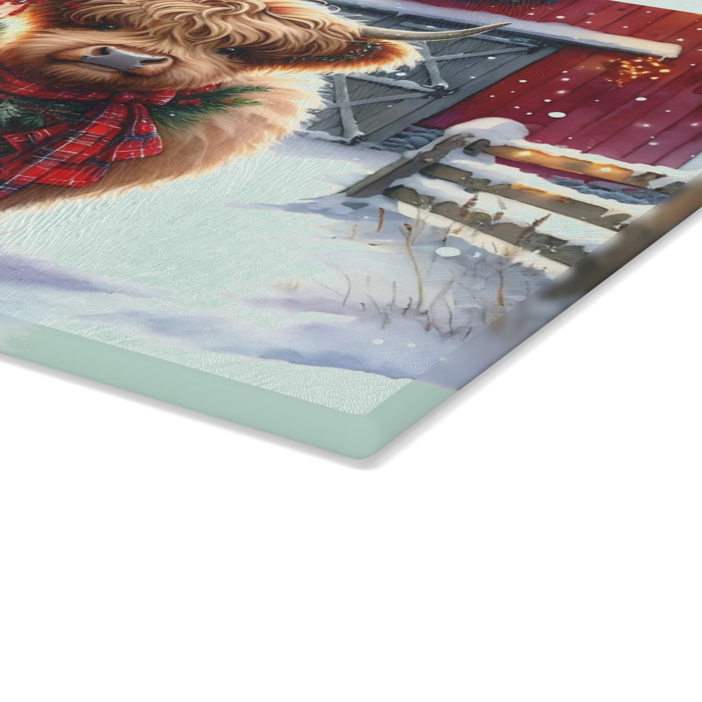 🐮❄️ “Cozy Highland Holiday Cow” Glass Cutting Board – Winter Charm for Your Kitchen