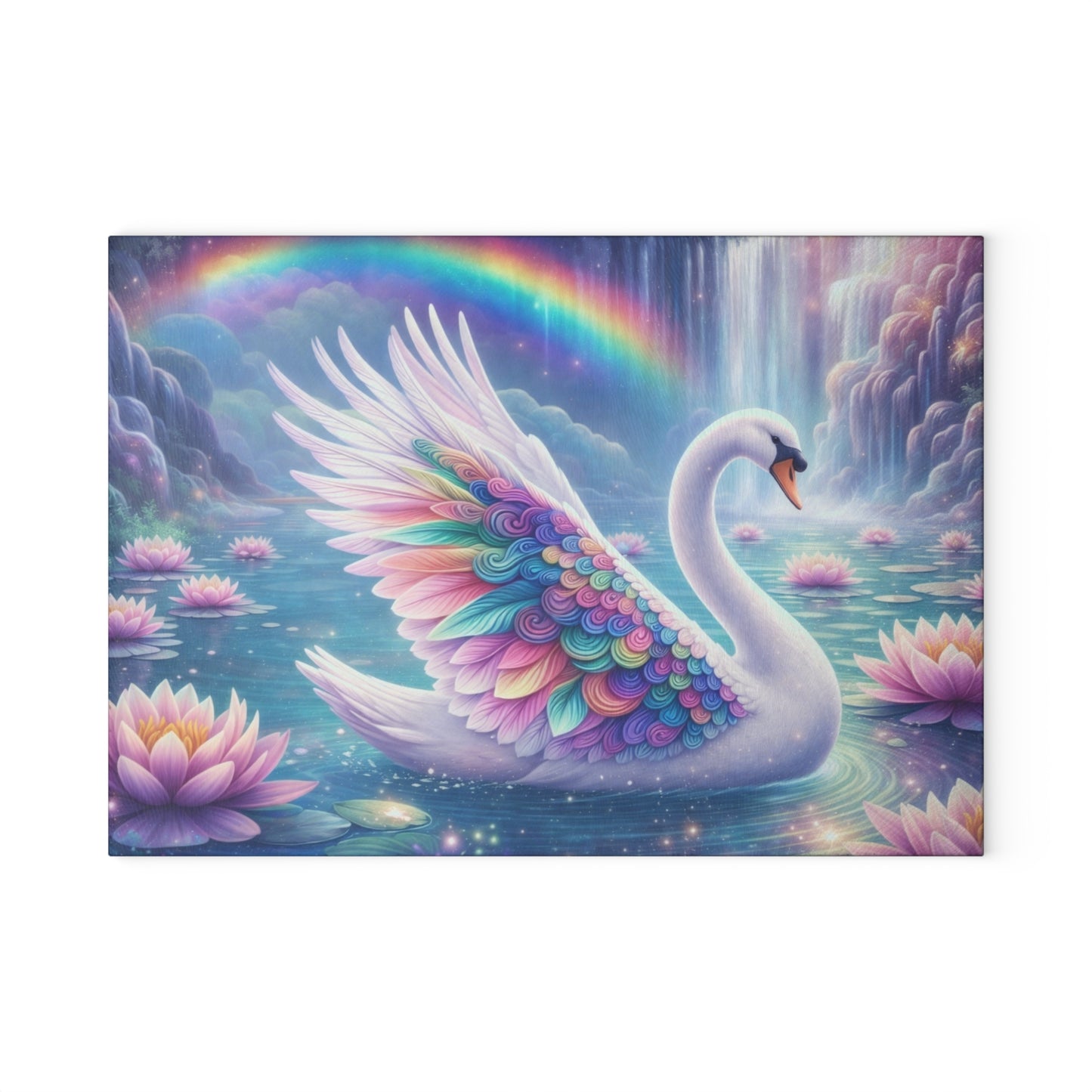 Rainbow Swan Fantasy Glass Cutting Board – Dreamy Water Garden Kitchen Art