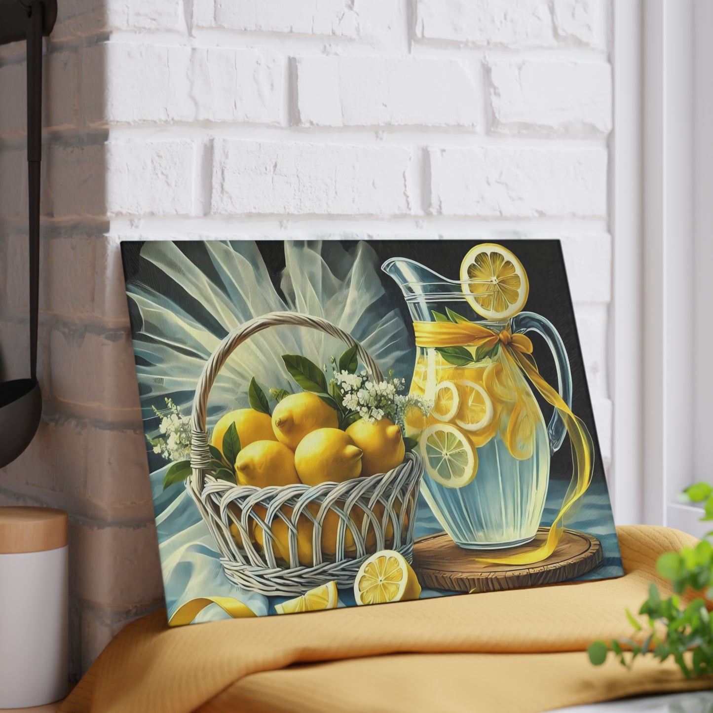 Tabla de cortar de limón, decoración de cocina cítrica, estilo rústico de granja, tabla de cortar de vidrio, decoración de cocina de verano, diseño de limón fresco, idea de regalo