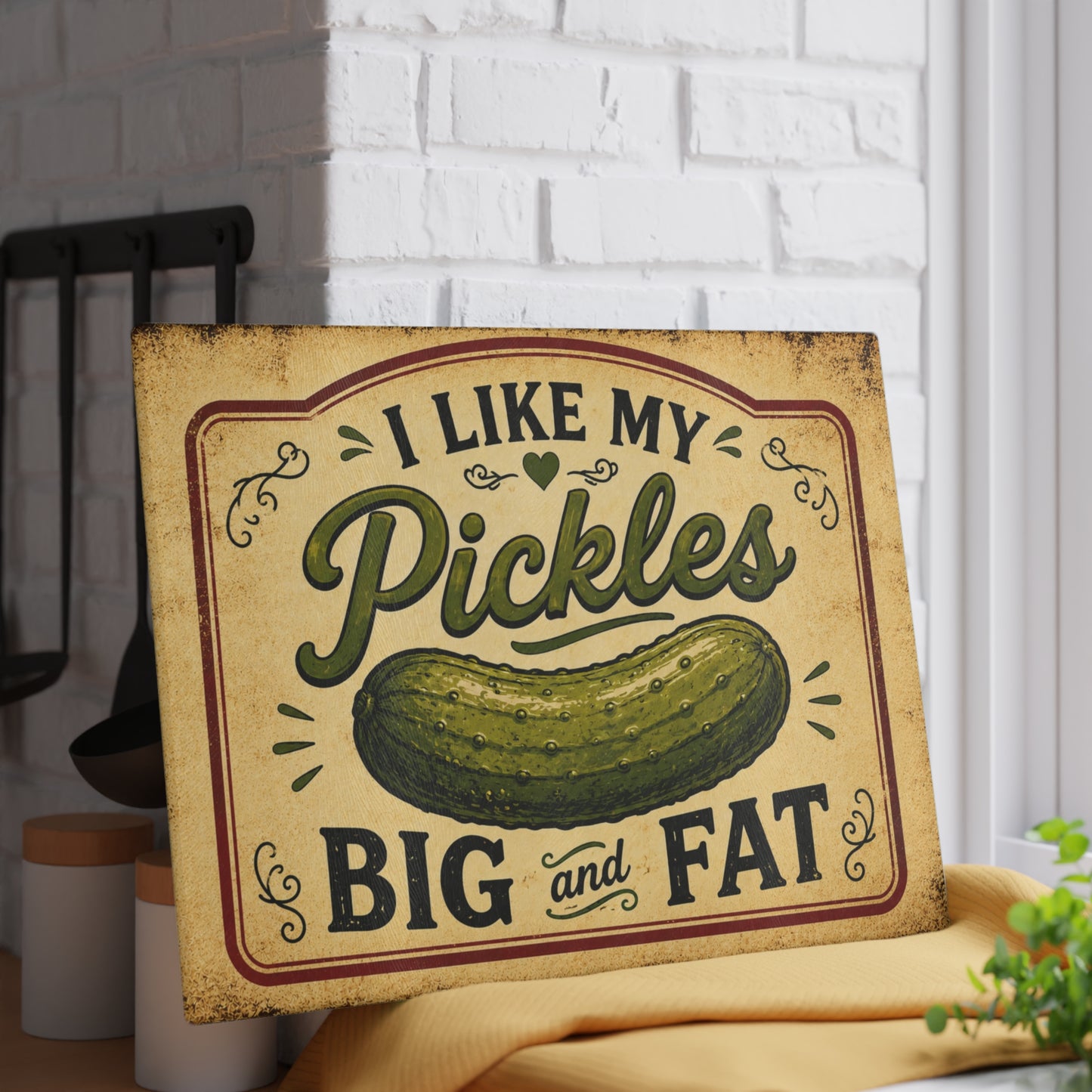 I Like My Pickles Big and Fat Glass Cutting Board – Funny Pickle Kitchen Decor, Rustic Farmhouse Gift
