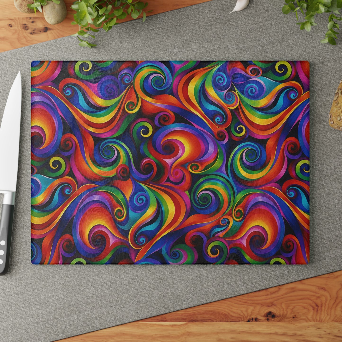 Rainbow Swirl Abstract Tempered Glass Cutting Board  Description