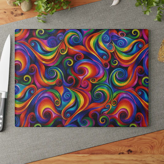 Rainbow Swirl Abstract Tempered Glass Cutting Board  Description