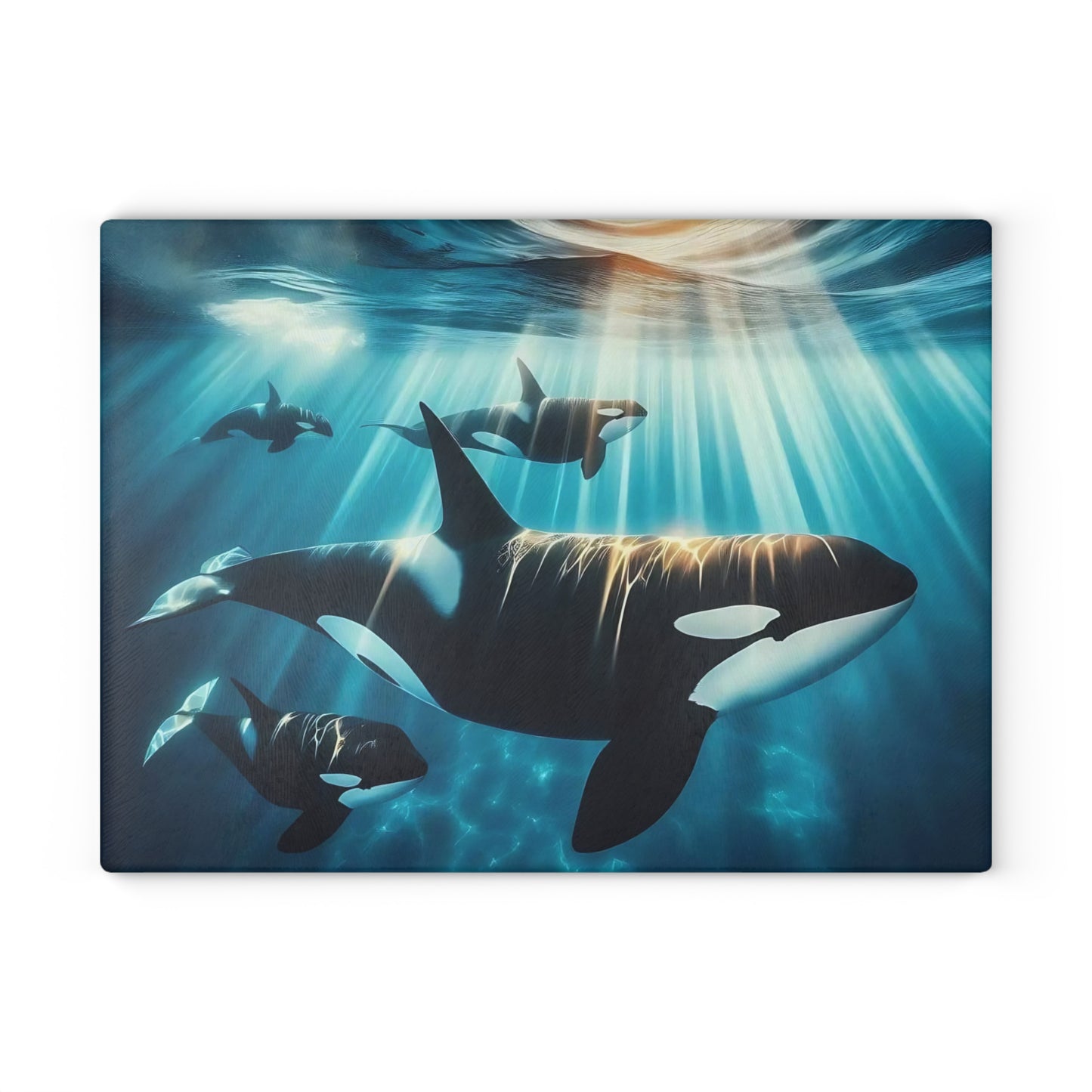 Ocean Guardians Glass Cutting Board – Orca Family Beneath Sunlit Waters