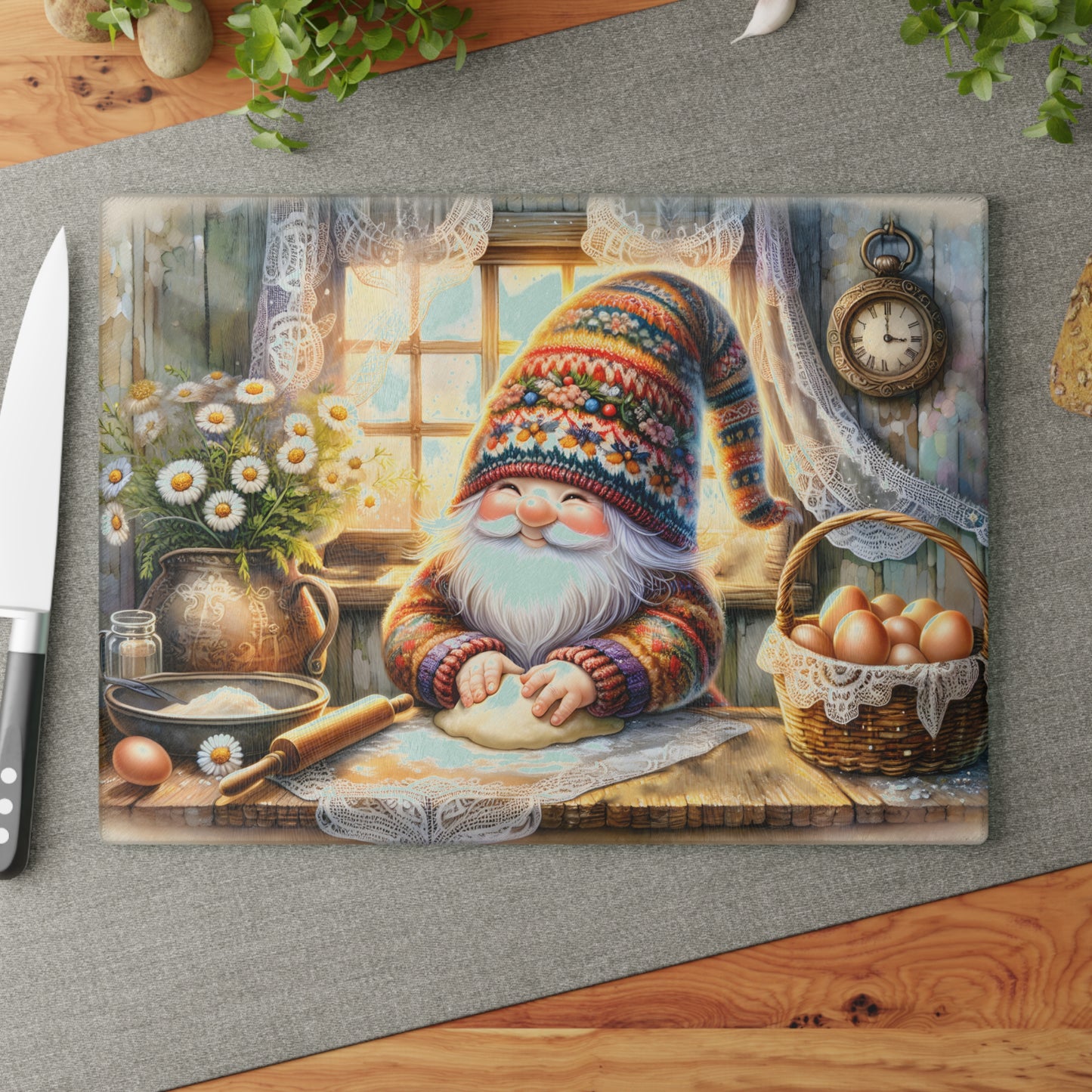 🍞🥚 Cozy Baking Gnome Cutting Board – Warm Country Charm for Your Kitchen