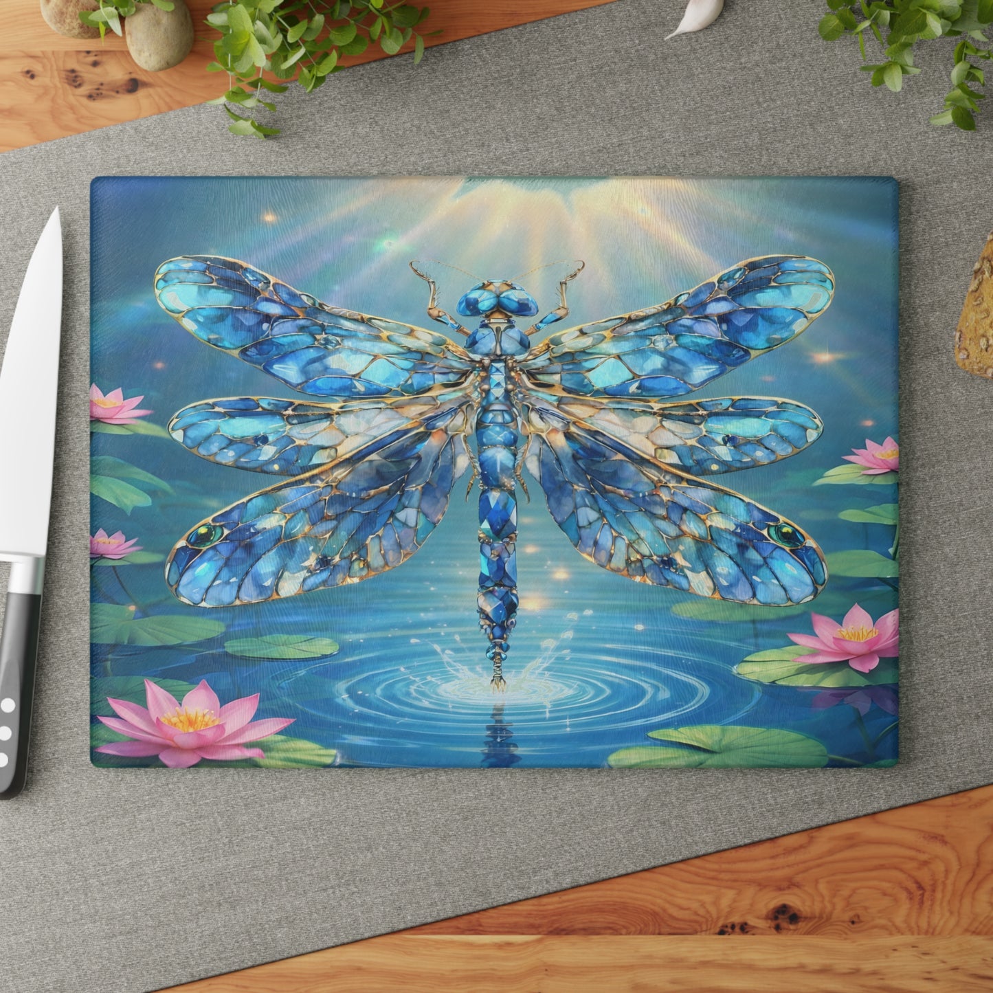 Radiant Dragonfly Glass Cutting Board – Tranquil Pond Art Kitchen Decor