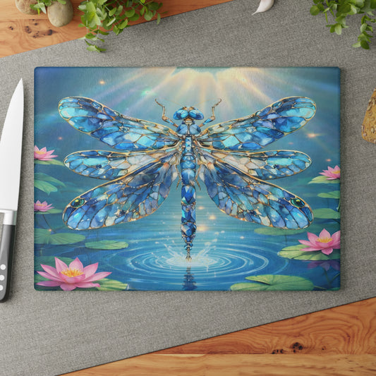 Radiant Dragonfly Glass Cutting Board – Tranquil Pond Art Kitchen Decor