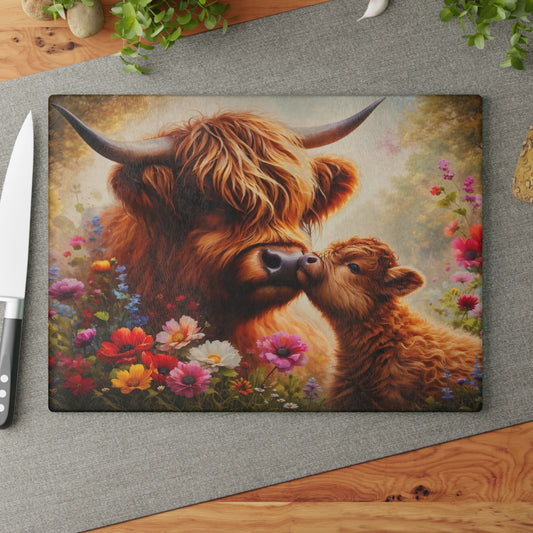 Highland Cow and Calf Floral Glass Kitchen Surface – Warm Farmhouse Style Artwork
