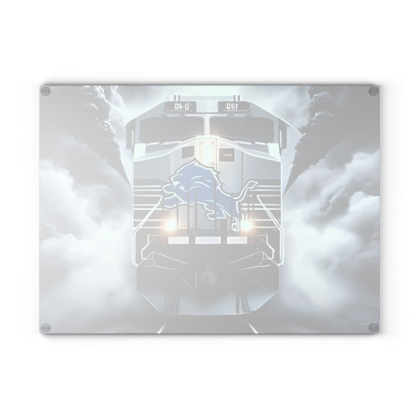Light Blue & Silver Express Glass Cutting Board – Sleek Train Design for Cool, Modern Kitchens
