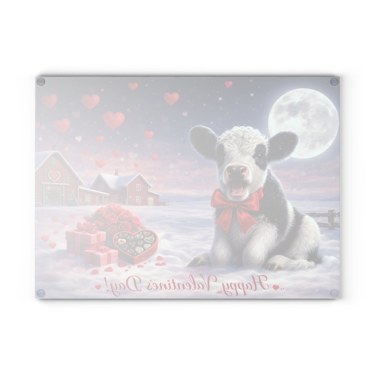 Valentine Calf Moonlight Farm Glass Cutting Board – Cozy Winter Farm Love Scene Kitchen Accent