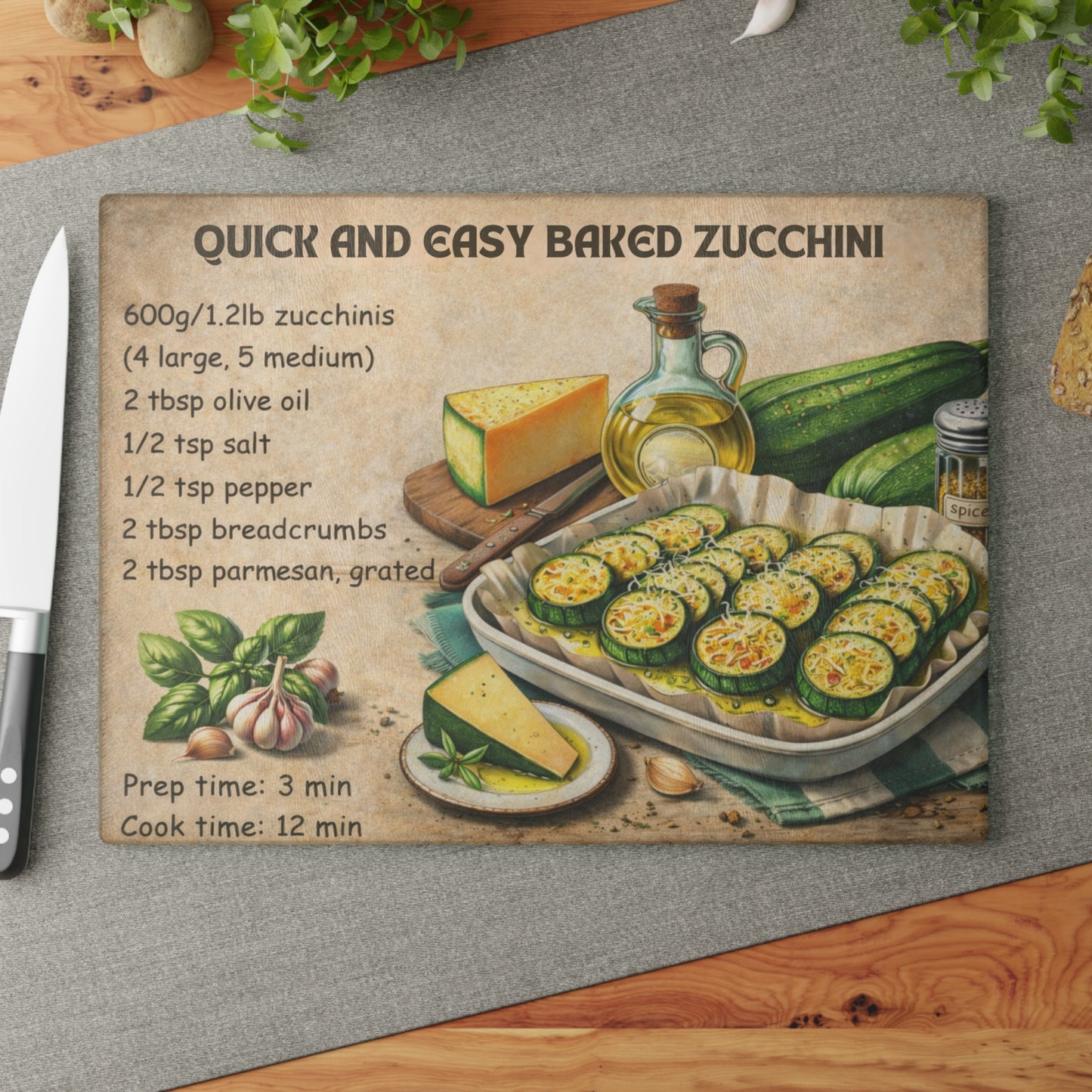 Quick and Easy Baked Zucchini Glass Cutting Board – Simple Oven Recipe Kitchen Art