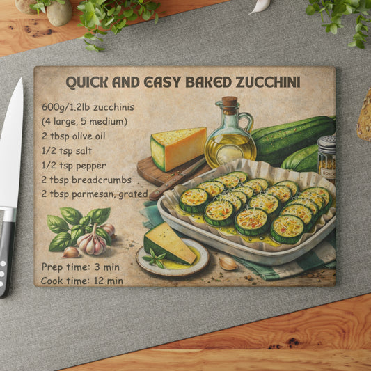 Quick and Easy Baked Zucchini Glass Cutting Board – Simple Oven Recipe Kitchen Art