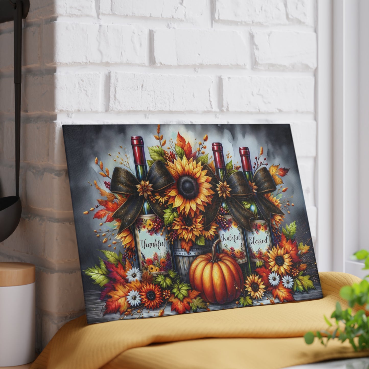 🍂🍷 “Thankful • Grateful • Blessed” Sunflower Wine Trio – Glass Cutting Board