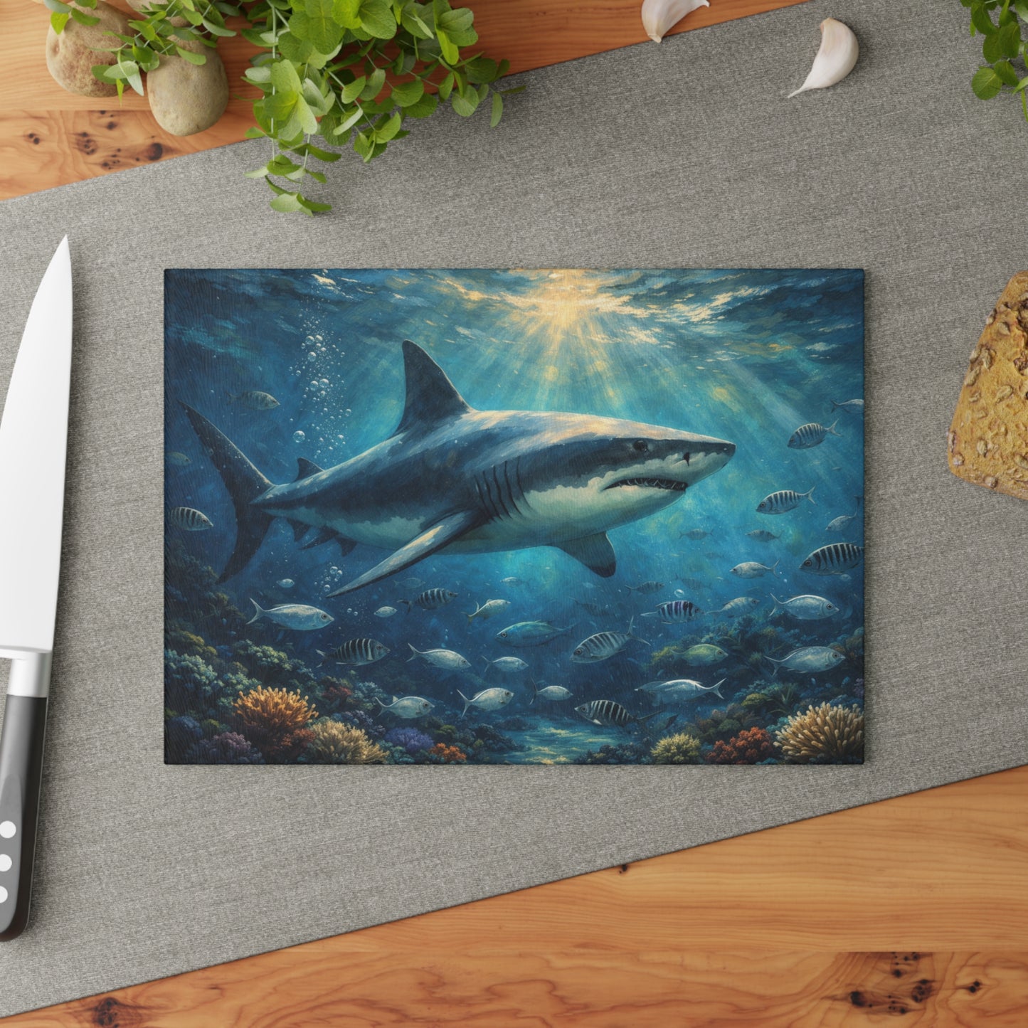 Guardian of the Deep Glass Cutting Board – Majestic Ocean Shark Artwork