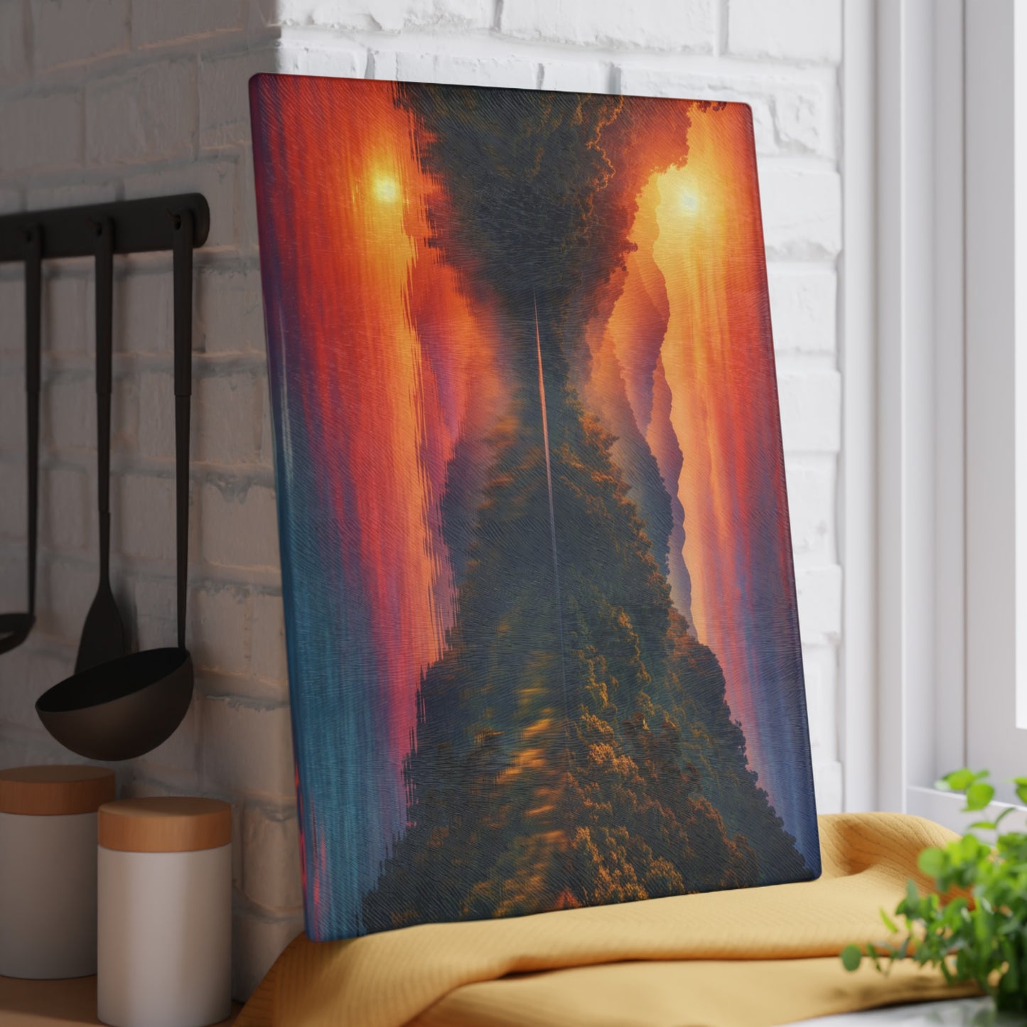 Sunset Mountain Lake Glass Cutting Board – Peaceful Nature Landscape Kitchen Art