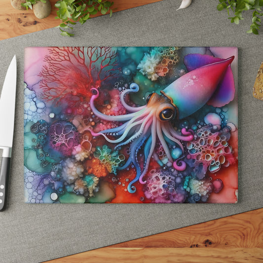 Tabla de cortar de vidrio con diseño de calamar en acuarela: arte submarino vibrante para exhibiciones de cocina llamativas