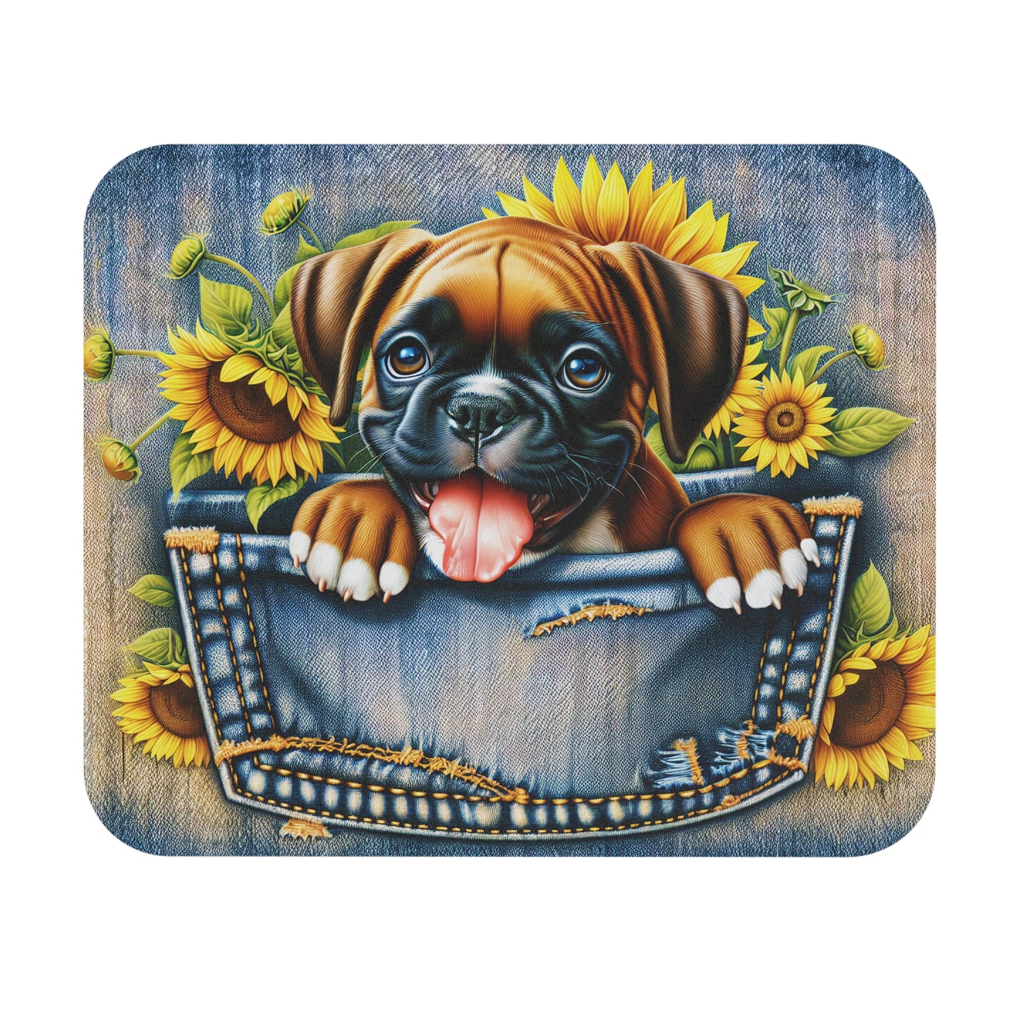 🖱️🐶🌻 Denim Pocket Puppy Mouse Pad – Cute Boxer Pup with Sunflowers