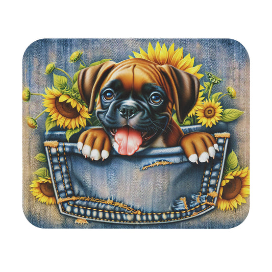 🖱️🐶🌻 Denim Pocket Puppy Mouse Pad – Cute Boxer Pup with Sunflowers